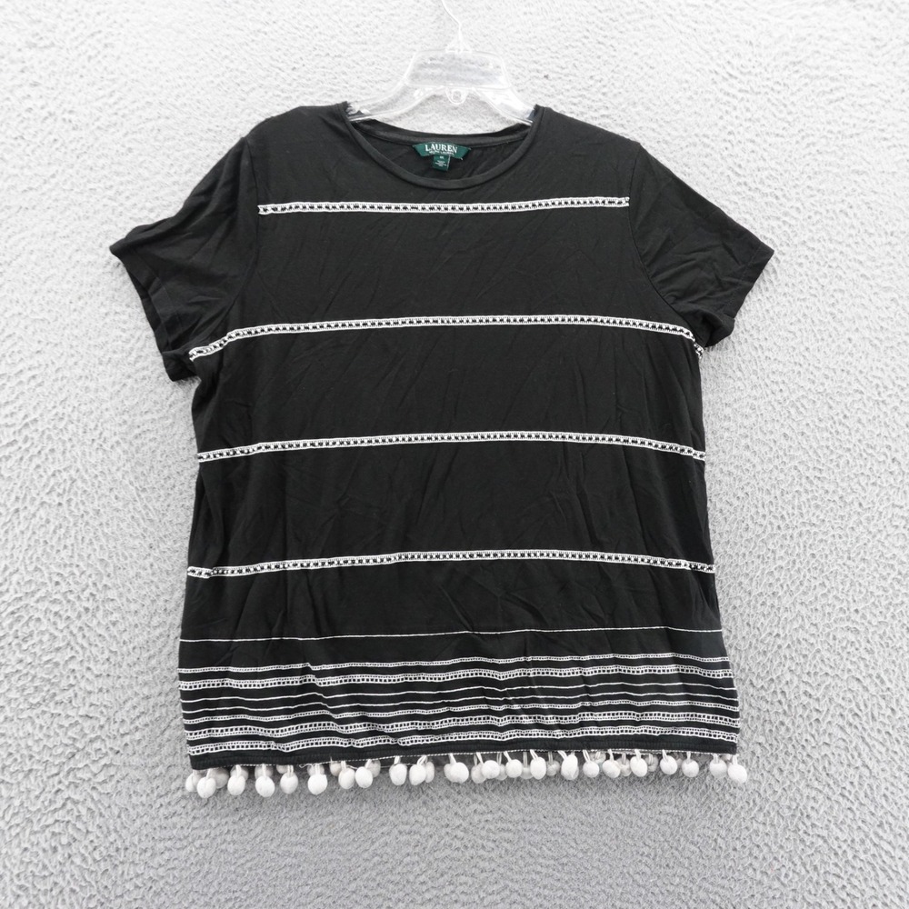 Lauren Ralph Lauren Embellished Tee 1X Black‎ White Pom Trim Cotton Modal Womens